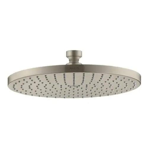 Große runde Kopfbrause in gebürstetem Nickel-Finish mit zahlreichen Wasserstrahlöffnungen, hergestellt von AXOR.